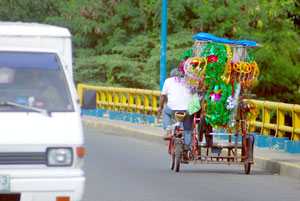 A man rides his bicycle fully laden with colorful Christmas lanterns which he sells in the different barangays in the city.