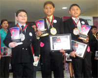 English Category Elementary winners. First runner-up Dave Danson Dy of Sun Yat Sen High School of Iloilo, Champion Val Jason Guerra of CPU Elementary School and 2nd runner-up Julio Mar Duarte of SPED-ISEC.